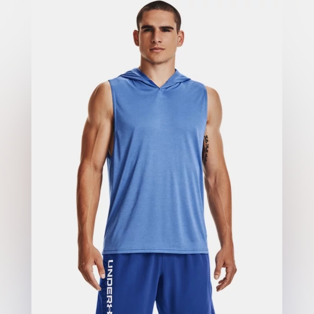 NEW Under Armour Loose Fit Sleeveless Velocity Hoodie Mens Medium Blue Tank Top
